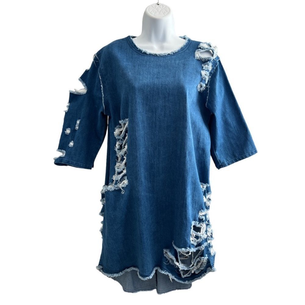 FASHION NOVA Distressed Hi-lo Denim Dress Size L.